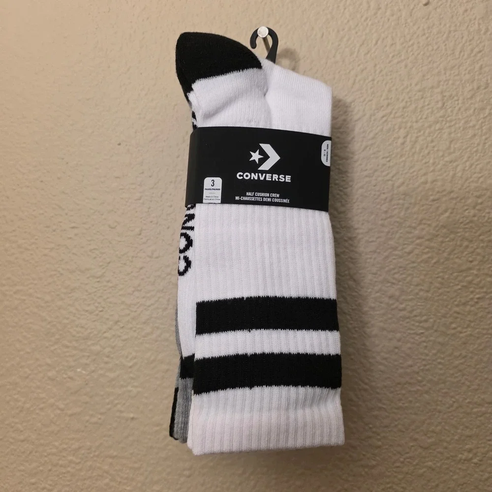 Converse Half Cushion Crew Socks 3 Pair Pack White Black Grey Striped 170053